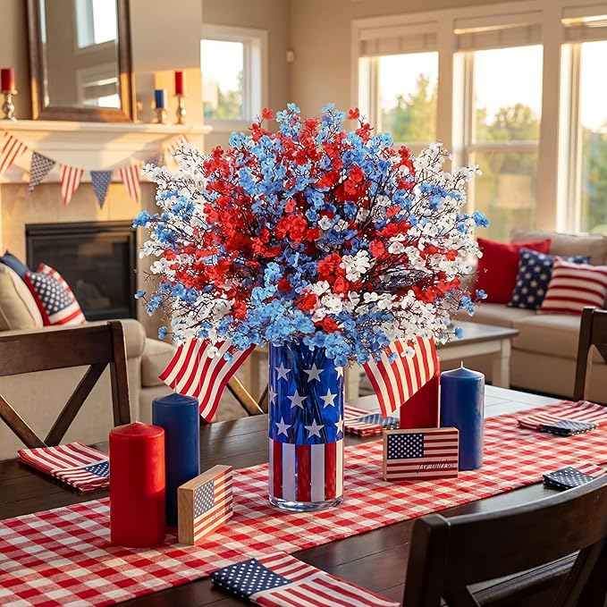 Lyrow 48 Pcs Red Blue White Patriotic Artificial Flowers 4th of July 250th Anniversary Table Centerpieces Decor Fake Babys Breath Pick Stems Floral Arrangement for Veterans Memorial Day Home Outdoor