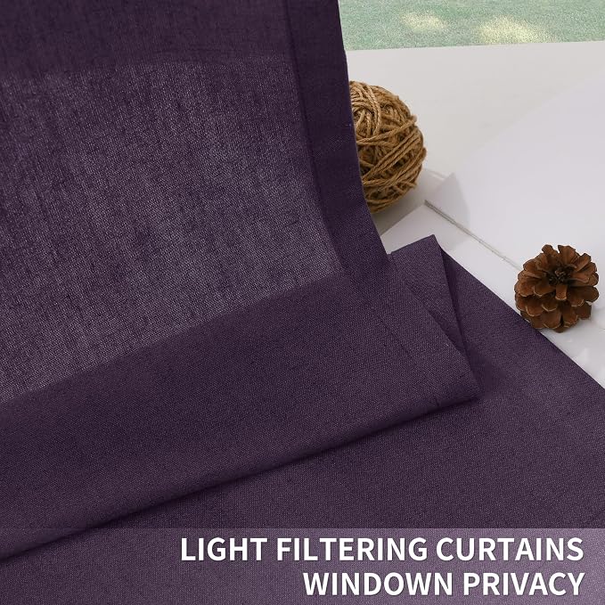 Plum Purple Pinch Pleated Linen Curtains 96 Inch Length 2 Panels for Living Room Bedroom Vintage Farmhouse Window Privacy Light Filtering Semi Sheer Back Tab Drapes with Hooks for Dining Room 40x96