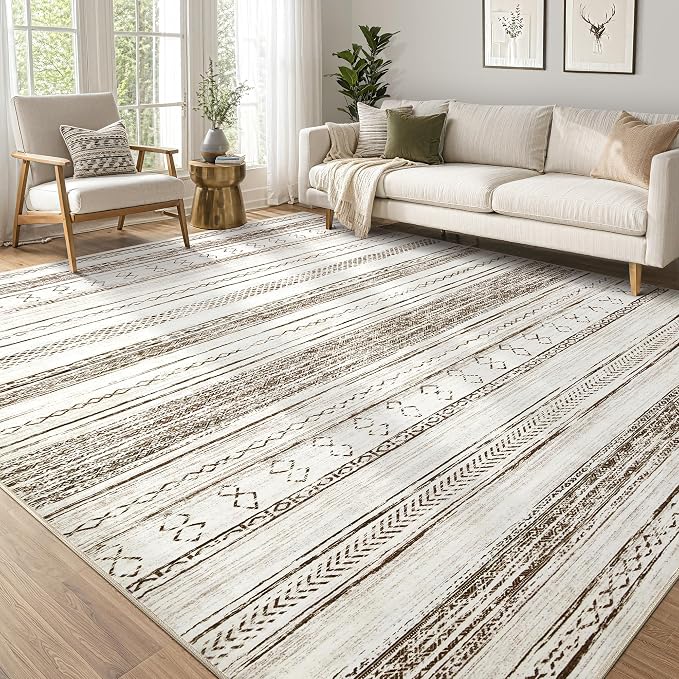 Tortania Area Rug Living Room Rugs - 11x14 Washable Large Soft Neutral Boho Moroccan Bohemian Farmhouse Rug Indoor Floor Carpet for Bedroom Under Dining Table Home Office Decor - Cream Brown