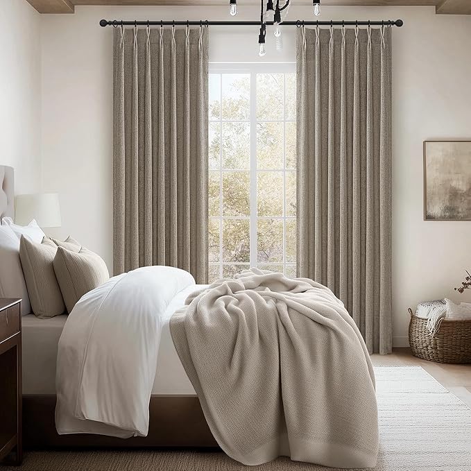 Dark Flax Extra Long Floor to Ceiling Viral Drapes 108 Inches Long 2 Panels for Sliding Glass Door, Luxury Pleat Linen Blend Living Room Light Filtering Curtain with Ceiling Track Large Linen Burg