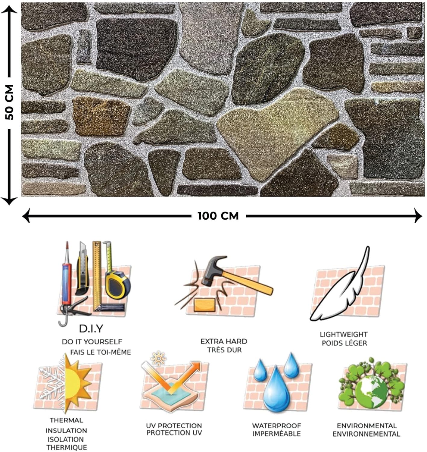 Dundee Deco 3D Wall Panels - Cladding Charcoal Green Beige Stone Look Wall Paneling, Styrofoam Facing for Interior and Exterior Applications, DIY, Sample, Size 10 x 10 in.