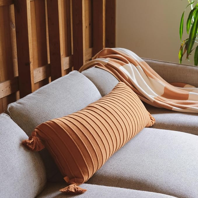 14x36 Cotton Knit Lumbar Pillow Cover – Ribbed Texture with Tassels, Decorative Accent for Bed or Sofa (Burnt Orange)