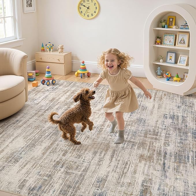 UERMEI 10x14 Washable Area Rug for Living Room: Modern Neutral Abstract Large Soft Low Pile Carpet Non-Slip Pet Kids Friendly Indoor Decor for Bedroom Dining Room Home Office Nursery Brown