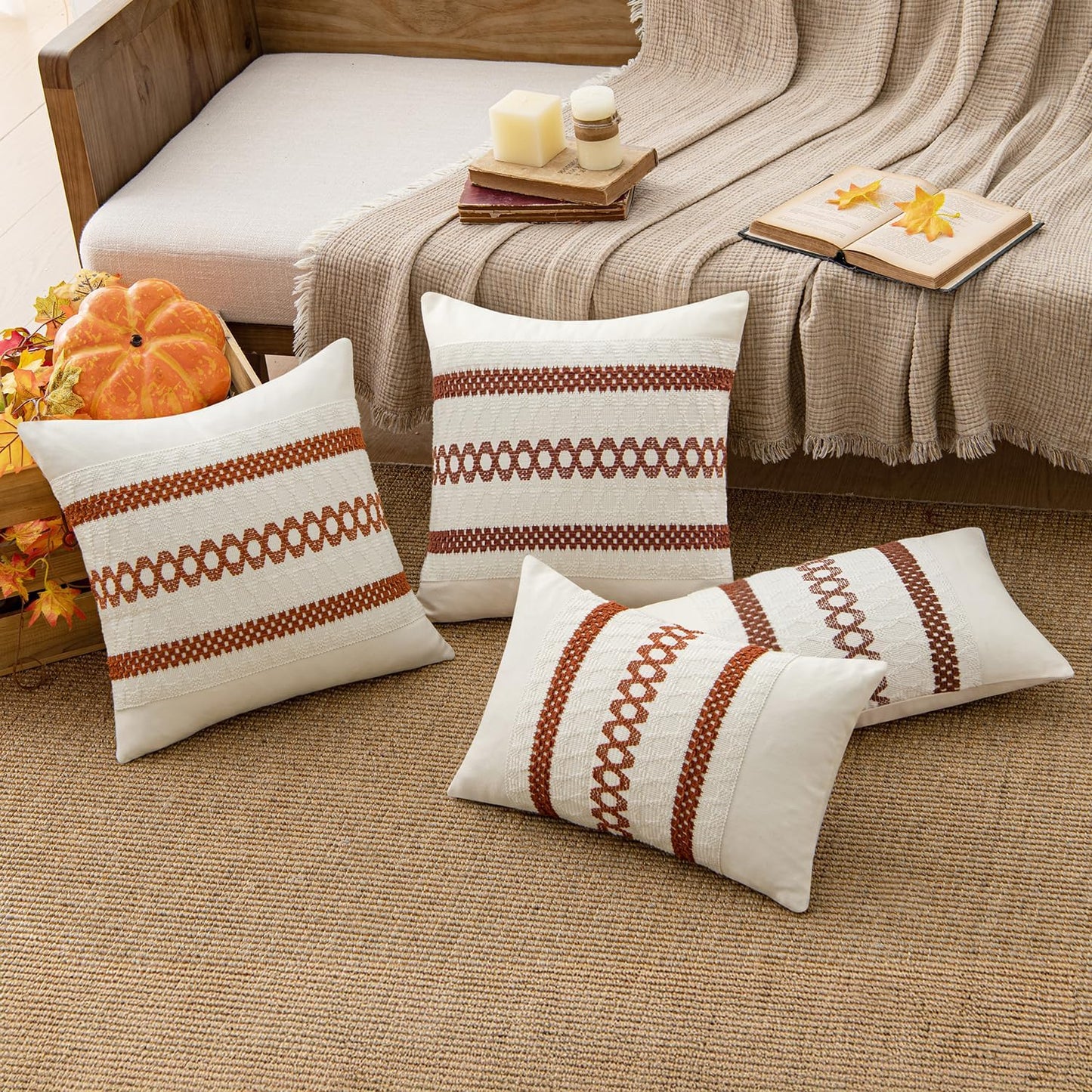 MIULEE Set of 2 Rust Fall Decorative Lumbar Pillow Covers 12x20 Inch Farmhouse Rustic Boho Couch Throw Pillows Modern Cotton Cushion Covers Retro Cute Macrame Woven Home Decor for Bed Sofa Chair