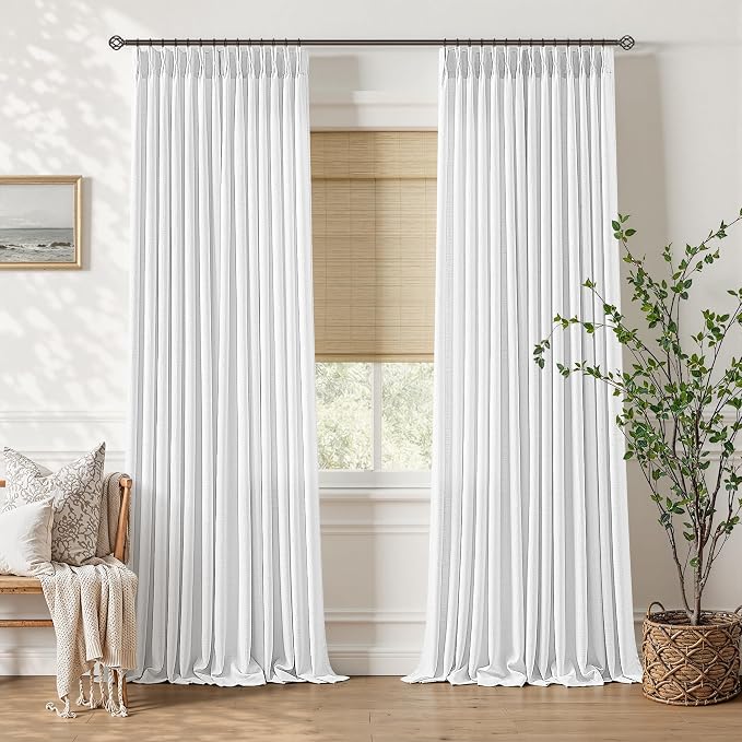 Pleated Linen Curtains 96 Inches Long 2 Panels Set for Living Room Neutral Memory Trained Snow White Pinch Pleat Office Curtains with Back Tab Living Room Bedroom High Window Drapes 8 FT 40x96