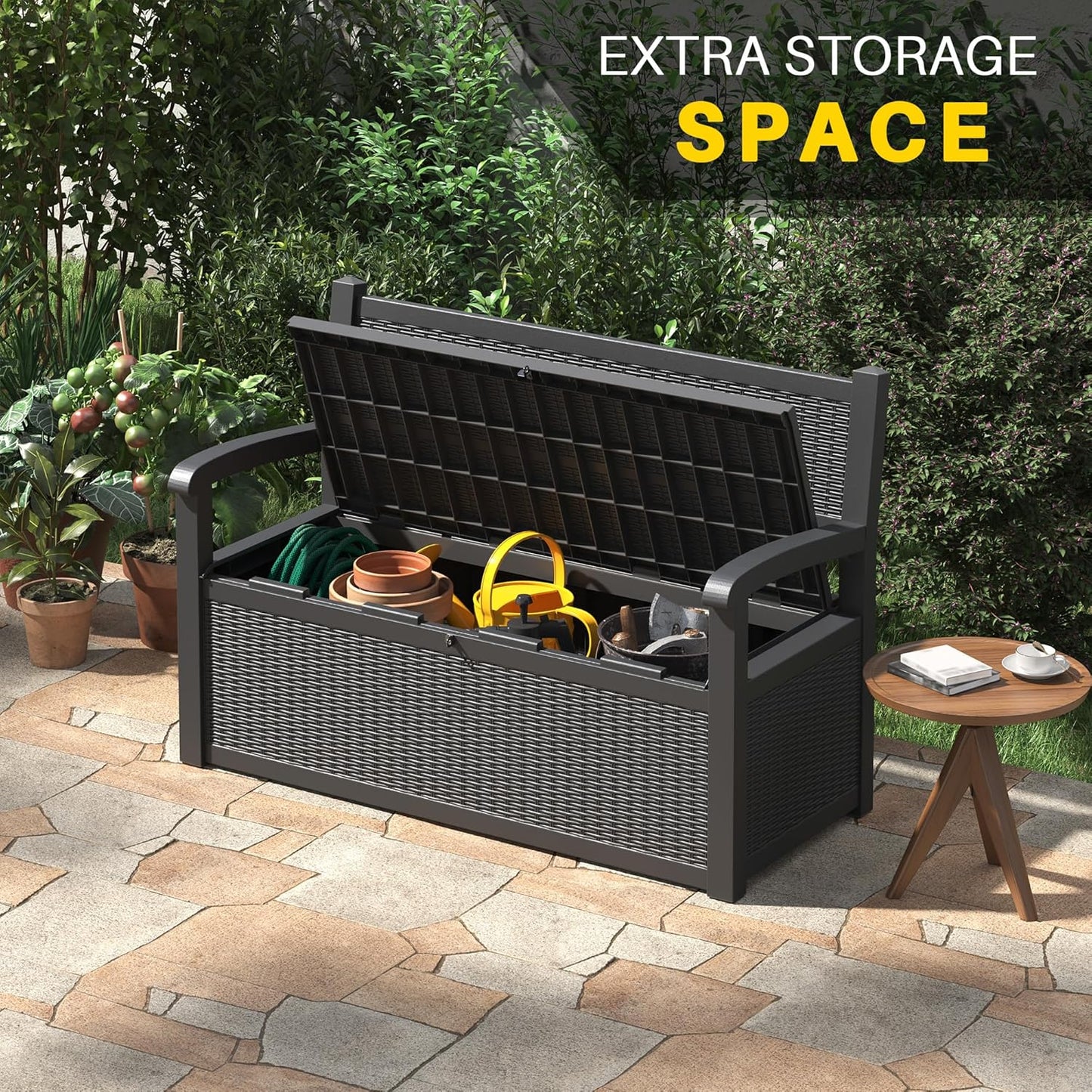 70 Gallon Outdoor Storage Box, Resin Patio Furniture with Armrest, Lockable Deck Box with Waterproof and UV Resistant for Patio Cushions, Garden Tools and Pool Supplies, Black
