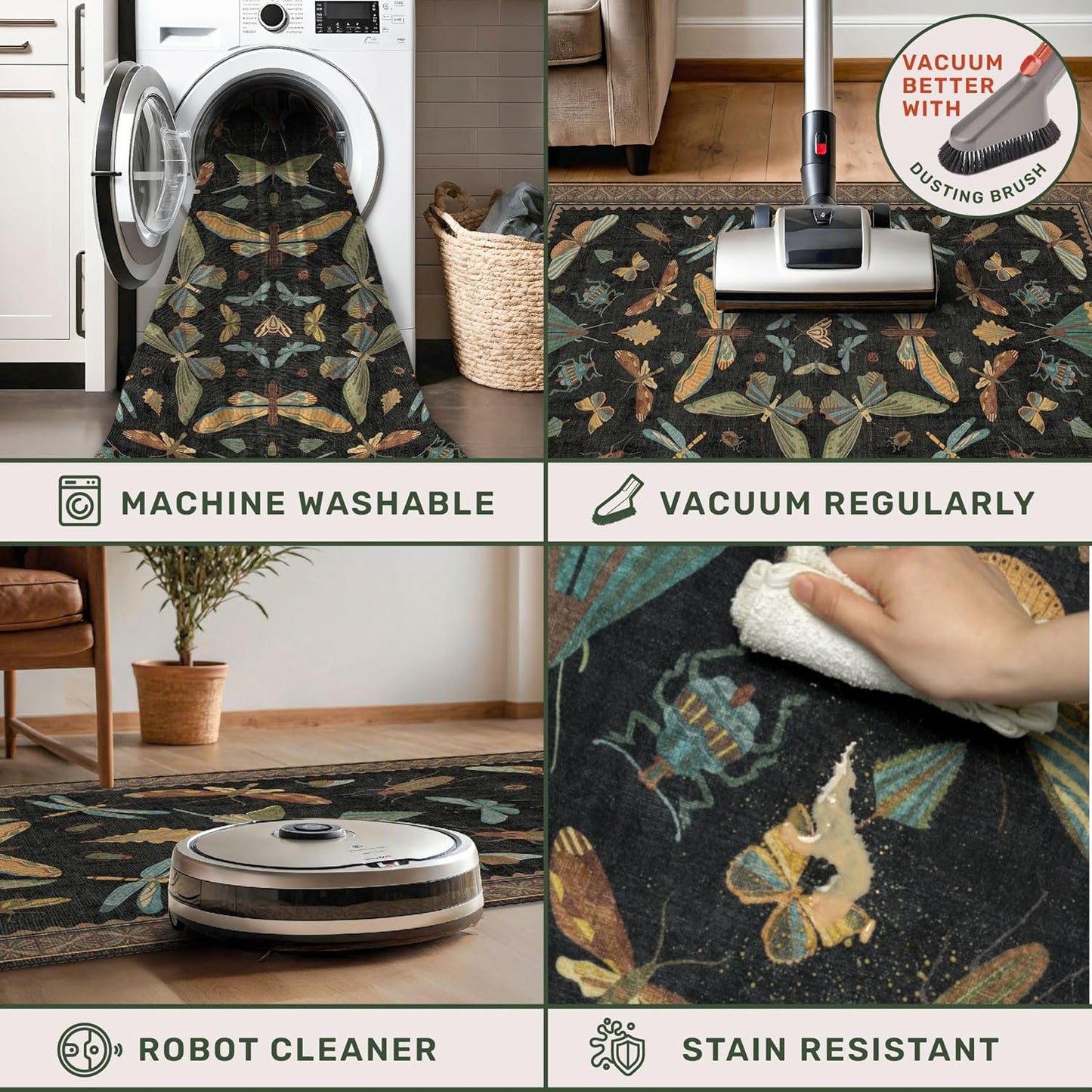 Large Black Rug for Living Room - Area Rugs 9x12 Dining Room Table, Large Bedroom Under Bed, Unique Insect Bug Home Décor, Foldable Soft Stain Resistant