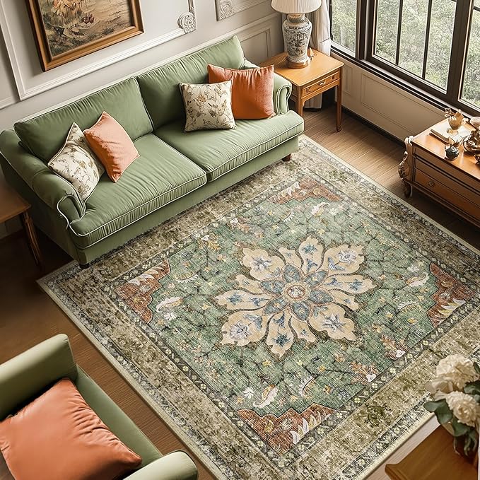 RELEANY Area Rugs Square 6ft Washable Non-Slip, Floral Vintage Distress Print Pattern Medallion Carpet for Living Room Bedroom Dining Room, Brick Red Rust Neutral Brown Burnt Orange Green