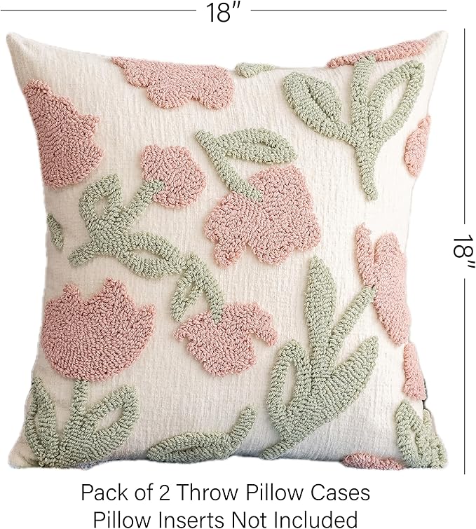 Pink Floral Embroidered Throw Pillow Covers 18" x 18" Set of 2, Farmhouse Flowers Green Leaves Tufted Patterned Cushion Cases for Couch Bed Living Room Decor