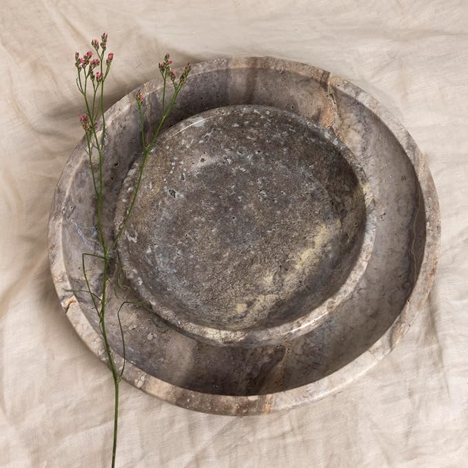 Shelf & Nook Travertine Decorative Bowls for Home Decor. Key Bowl for Entryway Table in a Choice of 5 Colors (Silver-Grey, Large)
