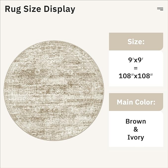 Soalmost 9x9 Brown Round Rug 9ft Living Room Circle Rug Vintage Round Area Rug Non Slip Indoor Carpet for Apartment