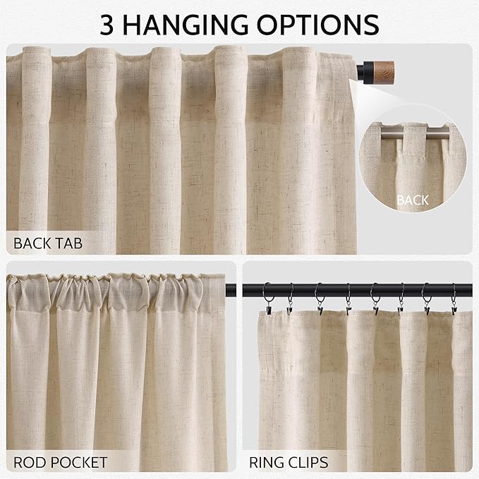 Nanspring Grey Flax Curtains 63 Inch Length for Living Room Linen Blend Light Filtering Mordern Boho Sheer Curtains Back Tab and Rod Pocket Privacy Curtain for Bedroom Office 52x63,2 Panels