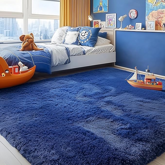 PAGISOFE Navy Blue Rug 5x8 Ft Fluffy Shag Rugs for Living Room Soft Shaggy Large Rugs for Kids Room Carpet Nursery Floor Boys Room Dorm Rug Kid Playroom Navy Area Rug Teen Home Decor
