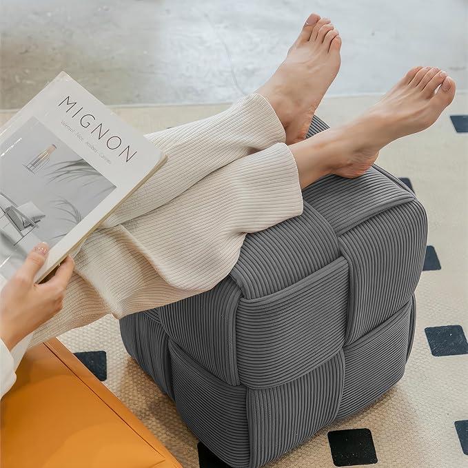 Cmishe 15" Square Woven Corduroy Ottoman Footrest - Modern Vanity Stool for Living Room & Entryway, Eco-Friendly Wood Frame, No Assembly (Grey)