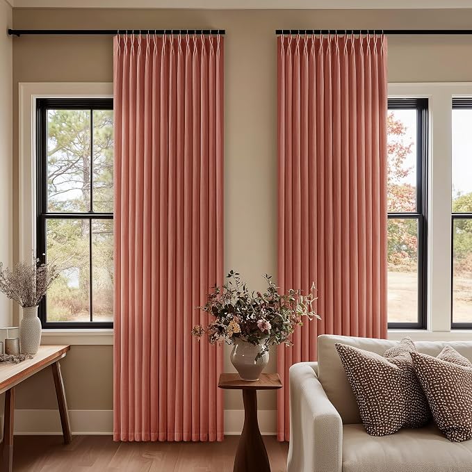 Terracotta 90 Inch Linen Curtains Pinch Pleated for Living Room Bedroom Dining Boho Light Filtering Pinch Pleat Drapes Hooks Rings Back Tab Semi Sheer Autumn Fall Rust Orange Window Curtains 2 Panels