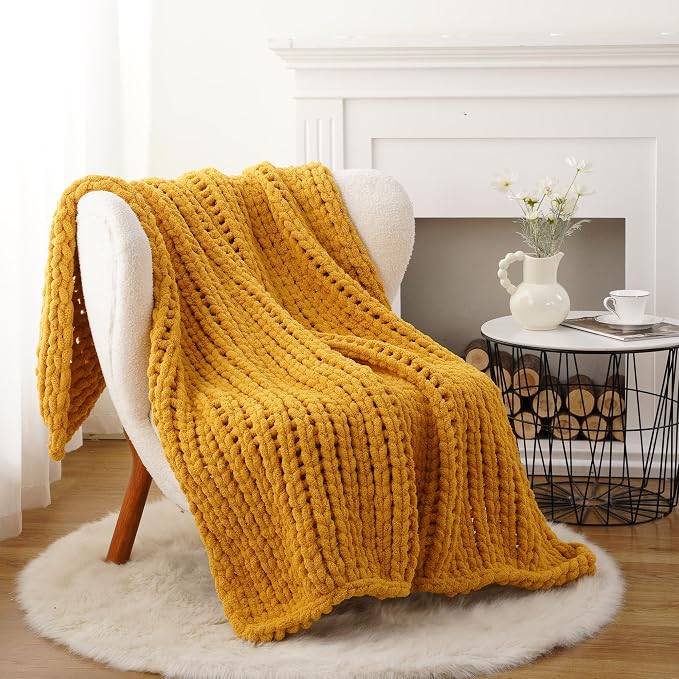 Battilo Mustard Yellow Chunky Knit Throw Blanket, Soft and Thick Chenille Throw Blanket, 50"x60" Handmade Cable Knit Crochet Blanket, Rope Knot Knitted Fall Throw Blankets for Couch Home Decor