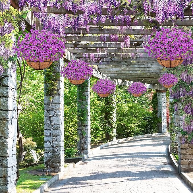 Ouddy Decor Artificial Hanging Flowers with Basket, Fake Hanging Plants with Faux Silk Flowers UV Resistant for Outdoors Indoors Spring Summer Porch Patio Balcony Yard Home Decorations, Purple