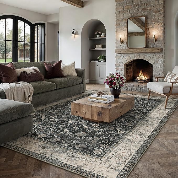HUGEAR 9x12 Machine Washable Rugs Black Beige Hallway Large Area Rug Indoor Accent Rug Floral Low Pile Carpet Soft Throw Aesthetic Rug Bedroom Living Room Office Dining Room Kitchen Laundry Room
