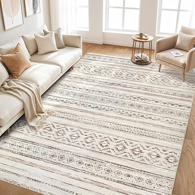 cotiled 6x9 Area Rug Living Room: Washable Boho Rugs with Non Slip Backing Large Soft Indoor Stain Resistant Carpet for Bedroom Farmhouse Dining Room Lightweight Home Decor Cream Brown