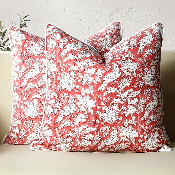 CPC 100% Cotton Throw Pillow Covers 20x20 Inch, Set of 2 Pink Block Print Pattern Couch Pillow, Cute Boho Decorative Pillows for Living Room, Bedroom with Hidden Zipper- Coral Pink