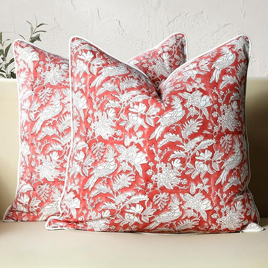 CPC 100% Cotton Throw Pillow Covers 20x20 Inch, Set of 2 Pink Block Print Pattern Couch Pillow, Cute Boho Decorative Pillows for Living Room, Bedroom with Hidden Zipper- Coral Pink