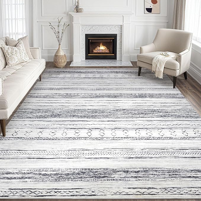 Tortania Area Rug Living Room Rugs - 7x9 Washable Large Soft Neutral Boho Moroccan Bohemian Farmhouse Rug Indoor Floor Carpet for Bedroom Under Dining Table Home Office Decor - Grey