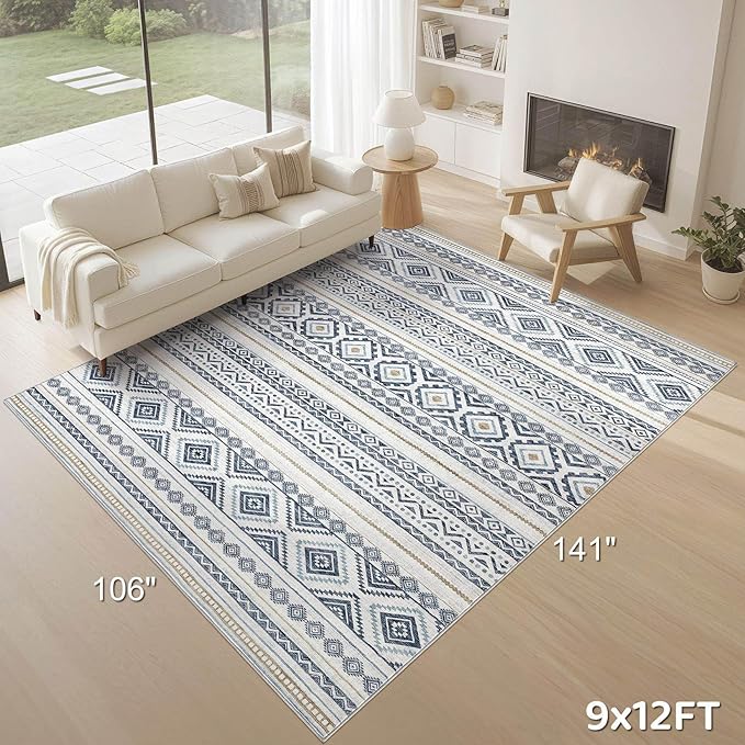 cotiled 9x12 Area Rug Living Room: Washable Boho Rugs with Non Slip Backing Large Soft Indoor Stain Resistant Carpet for Bedroom Farmhouse Dining Room Lightweight Home Decor Blue