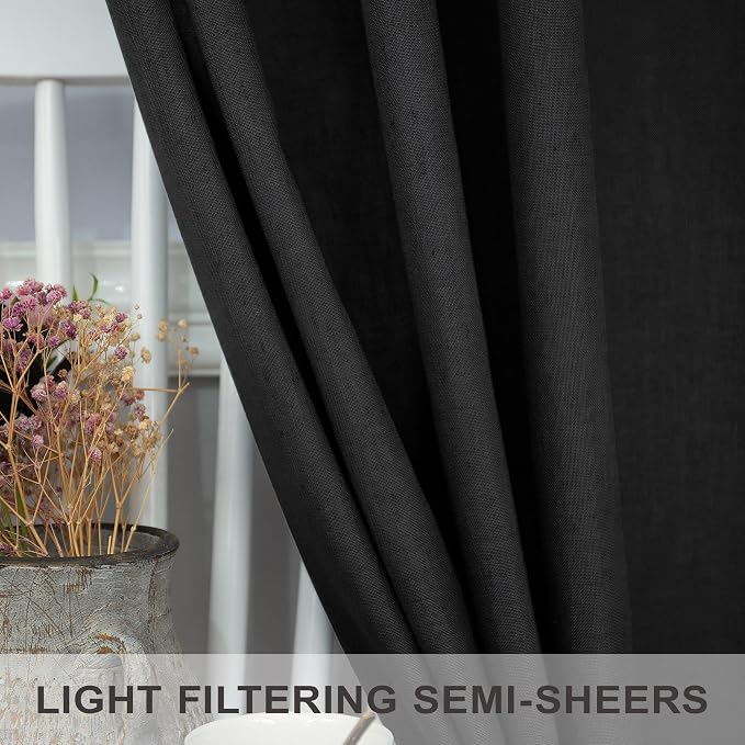 Pitalk 102 Inch Long Curtains Black for Living Room Dinning 2 Panel Set Back Tab Pocket Light Filtering Large Window Drape Boho Modern Farmhouse Linen Curtain 102 Length for Sliding Glass Door Bedroom