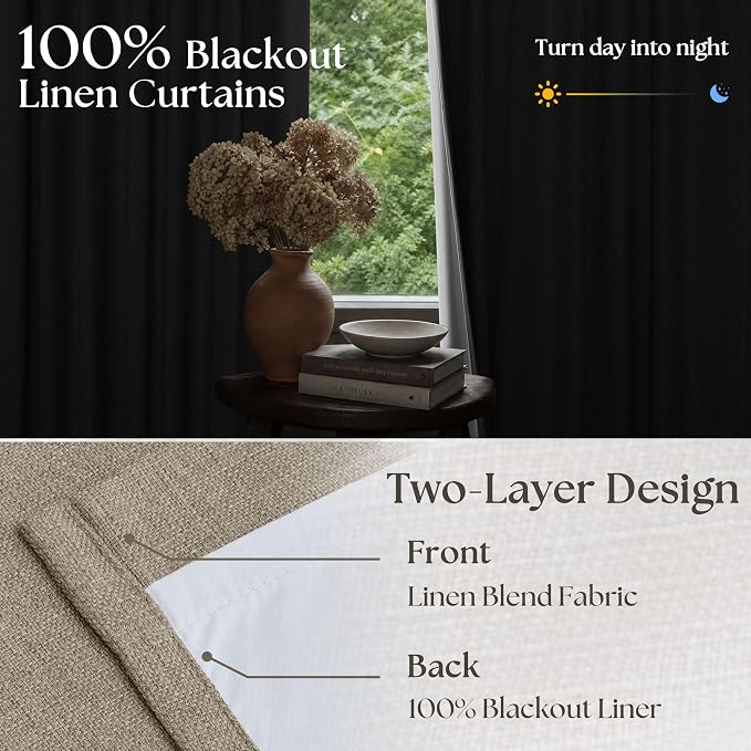 TWODRAPES Dark Flax Pleated Blackout Burlap 126 Inch Long Curtains Neutral Pinch Pleated Light Taupe Linen Double Layer 100% Black Out Curtains Soundproof Cottagecore 126 Inch Window Drapes 2 Panels