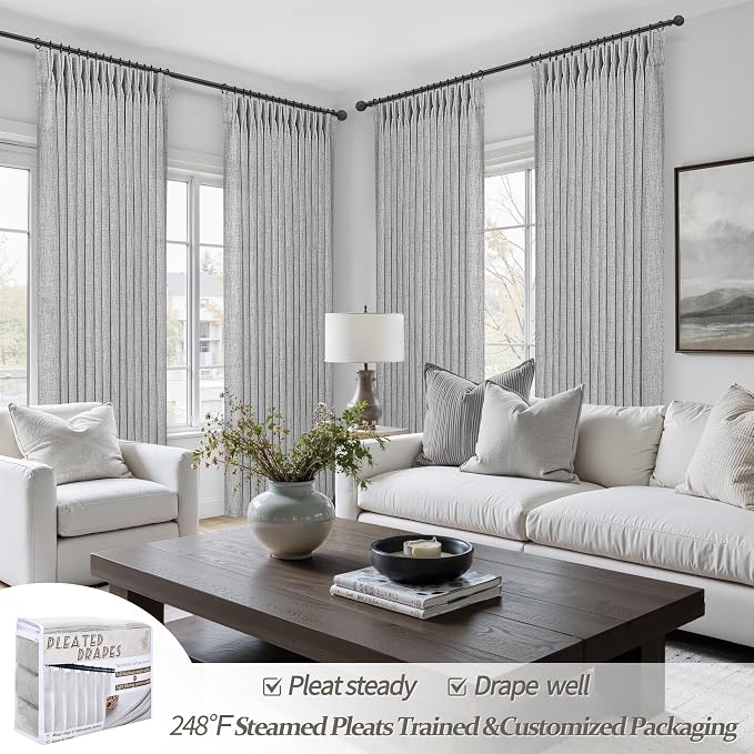 Unique Light Grey Pinch Pleat Thick Natural Linen 86 Inch Office Curtains 2 Panels Set, Memory Shape Light Filtering Semi Sheer Farmhouse Windows Curtain with Back Tab Privacy Protect Nursery Drapes