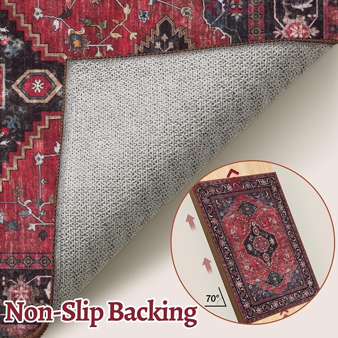 Tangsoo Red 3x5 Area Rugs, Oriental Washable Rug Non Slip Indoor Accent Rug, Vintage Print Carpet, Soft Low Pile Throw Rugs for Living Room Dining Bedroom Bedside Entryway Red/Black