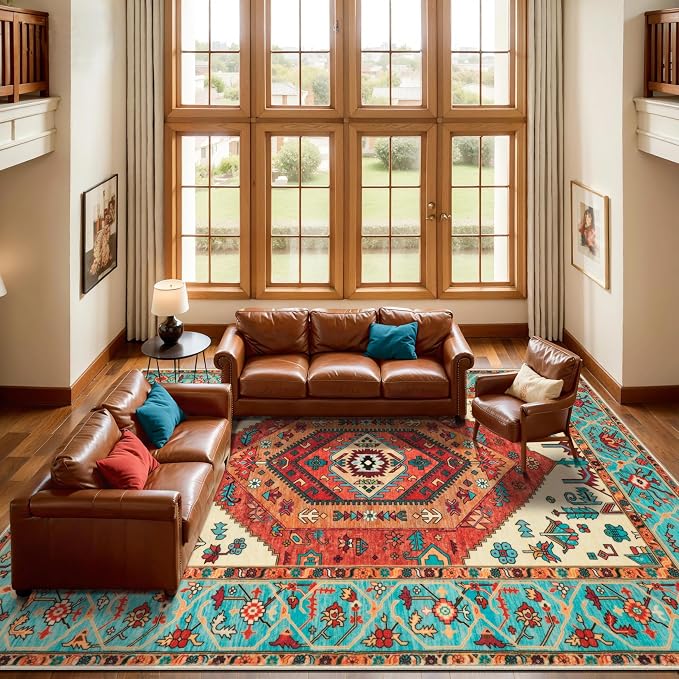 SERISSA 10x12 Area Rugs for Living Room, Large Washable Non-Slip Boho Rug, Ultra Soft Vintage Oriental Orange Print Distressed Carpet for Dining Room Bedroom Office Home Decor