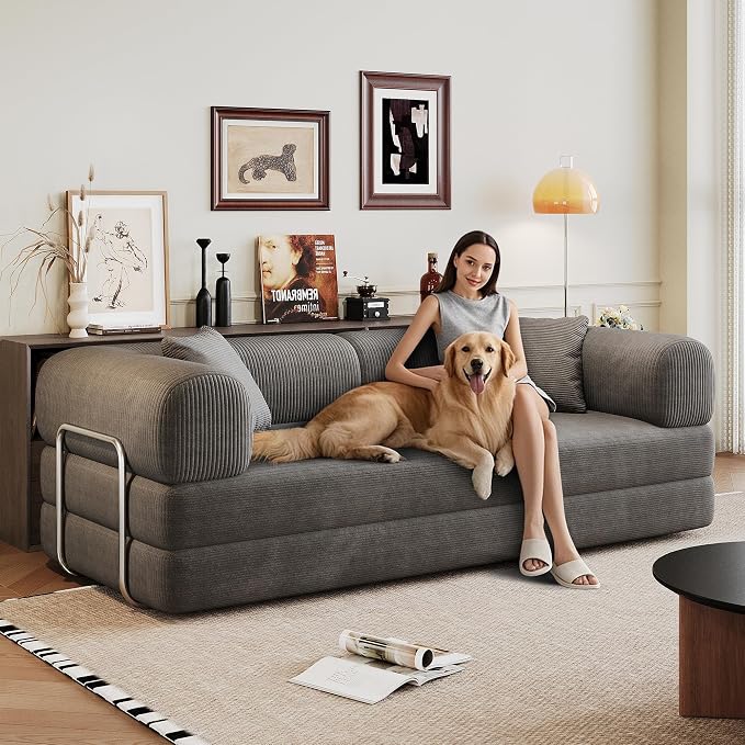 JINGLING 79" Queen Sleeper Sofa Bed with Memory Foam, Compressed Couch in a Box, Foldable Convertible Small Couches for Small Spaces Bedroom Game Room, Corduroy Fabric, Grey