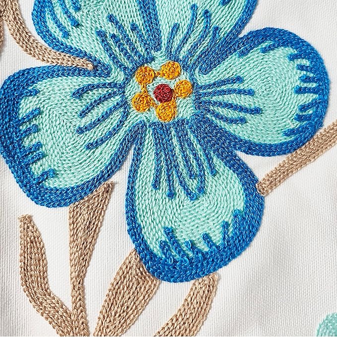 Floral Embroidery Throw Pillow Covers 18x18 Inch Colorful Flower Decorative Cushion Case with Blue and Orange Flowers 100% Cotton, Home Decor Embroidered Throw Pillow Cover 45x45cm, 1 Piece