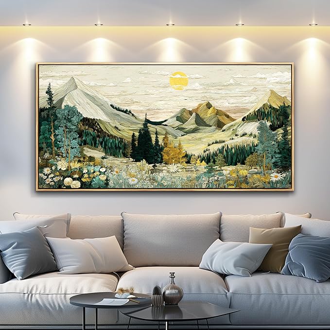 XIGUANGART Mountain Framed Wall Art,Large Canvas Wall Art - Floral Abstract Painting Decor, Vintage Flower Pictures,Modern Farmhouse Landscape Art Prints for Living Room Bedroom Office Home Decoration