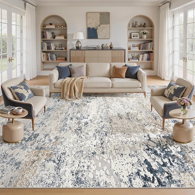 DMOYEST Area Rug Living Room Rugs - 10x14 Abstract Large Soft Indoor Washable Rug Neutral Modern Low Pile Carpet for Bedroom Dining Room Farmhouse Home Office - Beige Blue