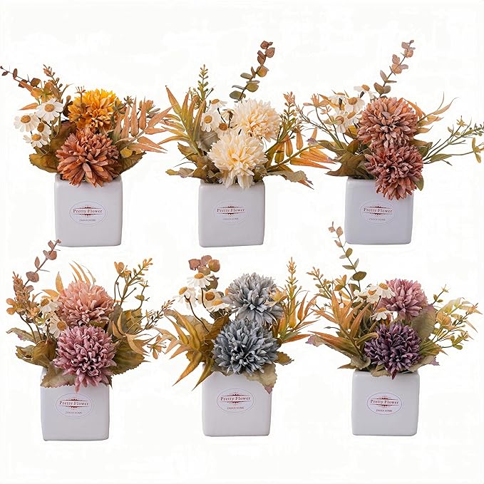 6PCS Artificial Fall Flowers with Ceramic Vases – Multicolor Small Fake Chrysanthemums & Daisies with Pot for Autumn Home Decor – Table Centerpieces for Kitchen, Mantel, Entryway or Tiered Tray