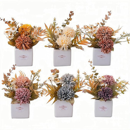 6PCS Artificial Fall Flowers with Ceramic Vases – Multicolor Small Fake Chrysanthemums & Daisies with Pot for Autumn Home Decor – Table Centerpieces for Kitchen, Mantel, Entryway or Tiered Tray