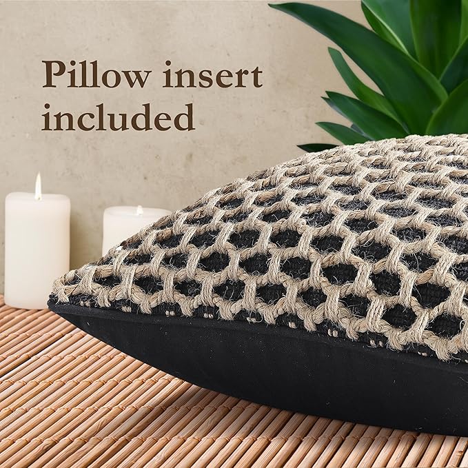 Boho Living Jada Decorative Throw, Includes Accent, Premium Woven Design, Living Room Décor, (1) 12" x 20" Pillow Cover with Insert, Black