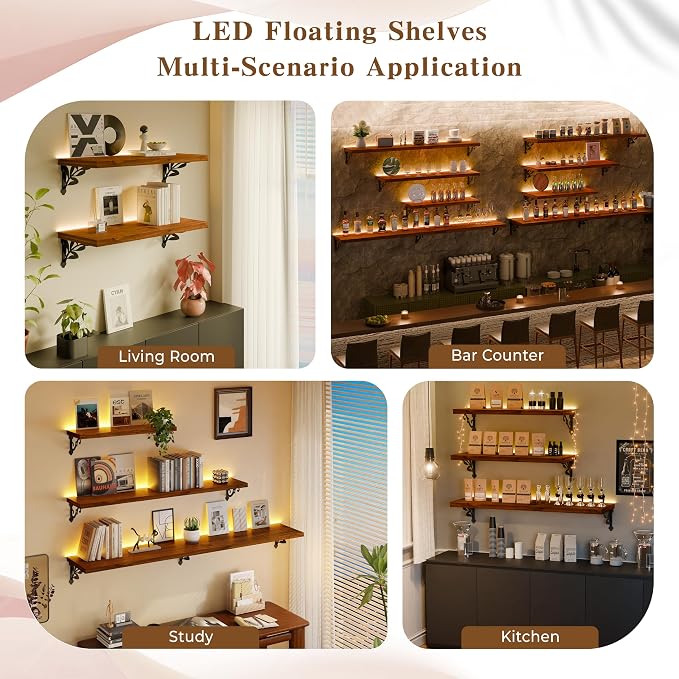 60 Inch 2 Tier Solid Wood Floating Shelves with LED Light, Metal Brackets | 60 inch solid pine shelves, 2 tier, warm LED light, walnut finish, metal brackets for books and decor