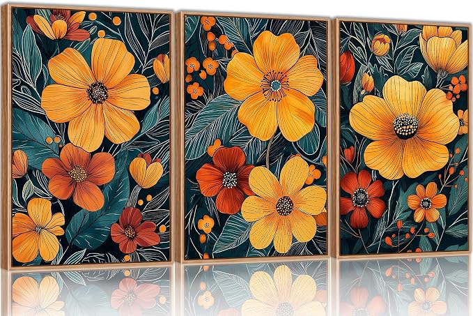 SIKERIC Vintage Orange Floral Wall Art Set of 3, Mid Century Flower Framed Canvas Art Painting, Modern Nature Botanical Art Prints, Boho Neutral Plant Wall Decor for Living Room, Bedroom, Office-16x24