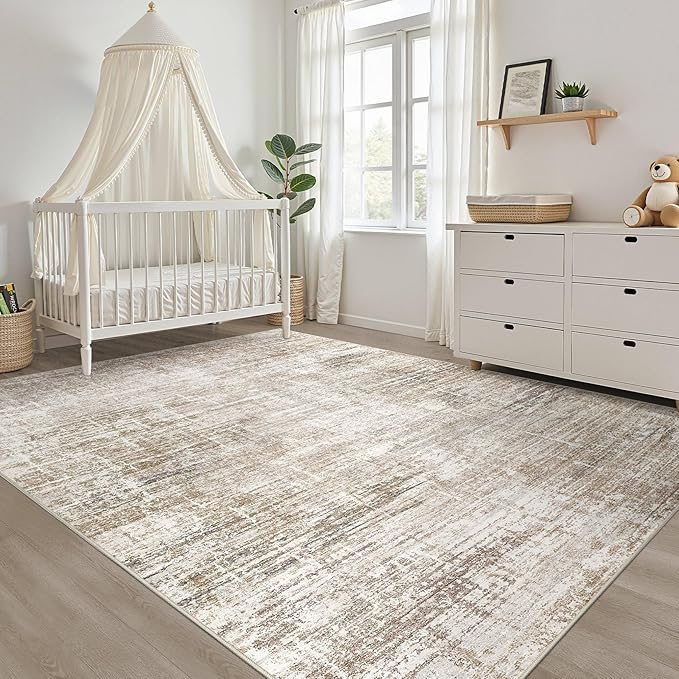 6x8 Area Rug Living Room: Washable Large Neutral Rug Abstract Soft Modern Stain Resistant Indoor Floor Non-Slip Carpet for Bedroom Nursery Kids Office Playroom Dining Room Under Table- Dark Brown