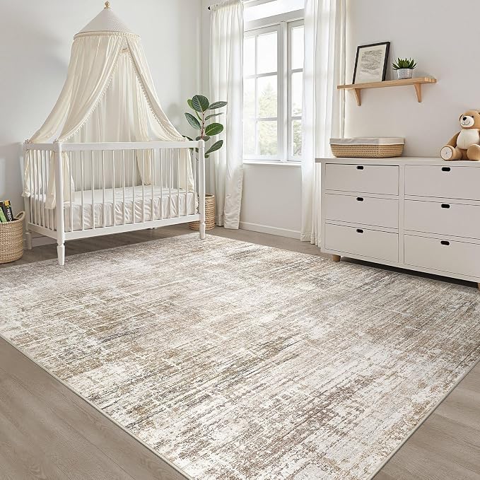 7x10 Area Rug Living Room: Washable Large Neutral Rug Abstract Soft Modern Stain Resistant Indoor Floor Non-Slip Carpet for Bedroom Nursery Kids Office Playroom Dining Room Under Table- Dark Brown