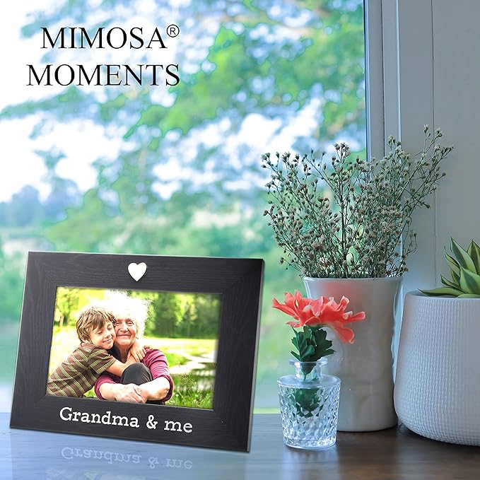 MIMOSA MOMENTS "Grandma & Me Black 4x6 Picture Frame with Silver Heart Ornament, Tabletop Display, Mother's Day Birthday Gift for Grandma from Granddaughter Grandson