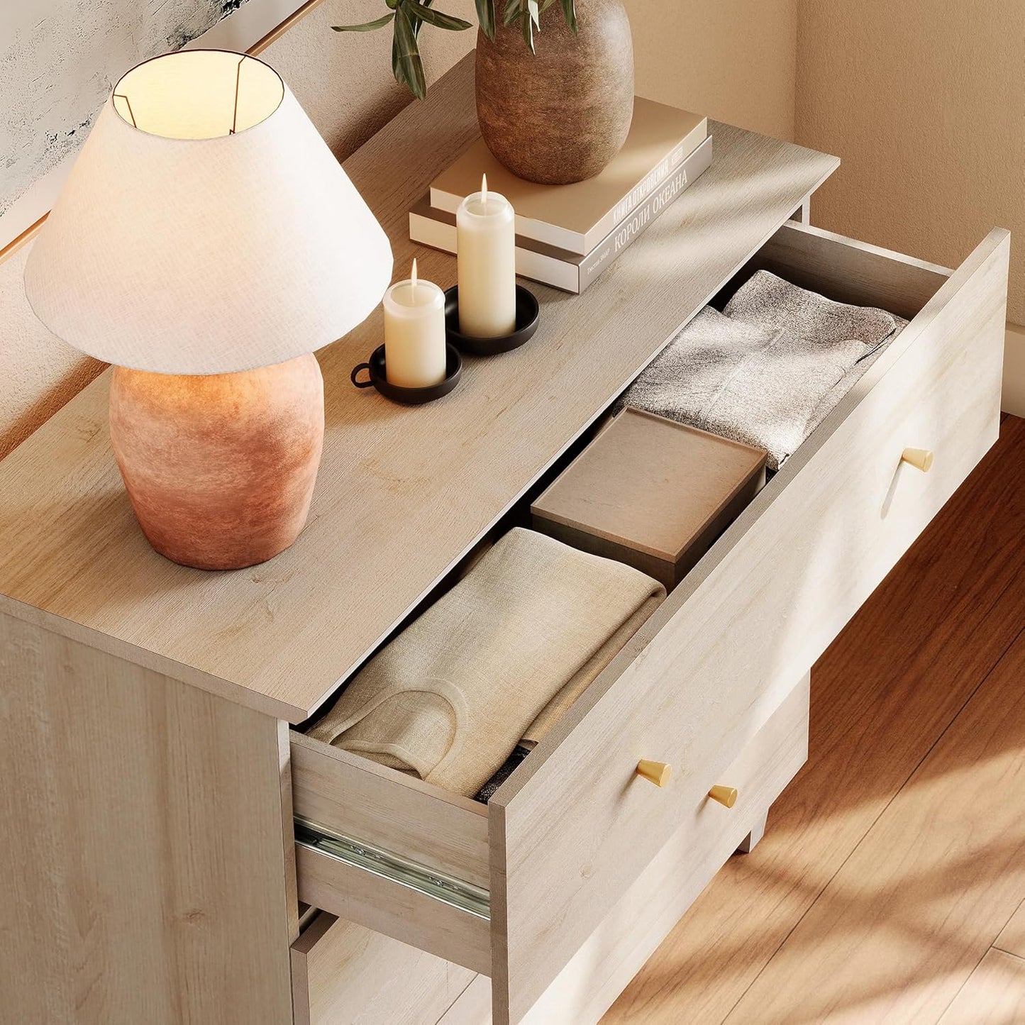 WAMPAT Dresser with 6 Drawers, Bedroom 70.8" Wide Wood Chest of Drawers, Modern Closet Storage Organizer Dressers w/Solid Wood Legs for Living Room, Children's Room, Nursery, Light Oak