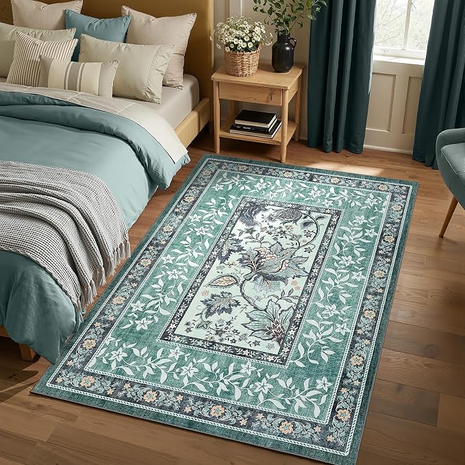 GarveeHome Teal Area Rugs 9x12 Living Room, Botanical Grove Cottage core Washable Non-Slip Rug for Bedroom Dining Nursery Low-Pile Vintage Large Soft Carpet
