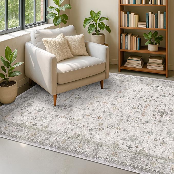 Hazo Haus Boho Washable 5x7 Living Room Rug - Neutral Light Gray & Sage Area Rugs for Nursery, Dining Under Table, Bedroom, Modern Vintage Eclectic Geometric Floral, Low Pile Stain Resistant