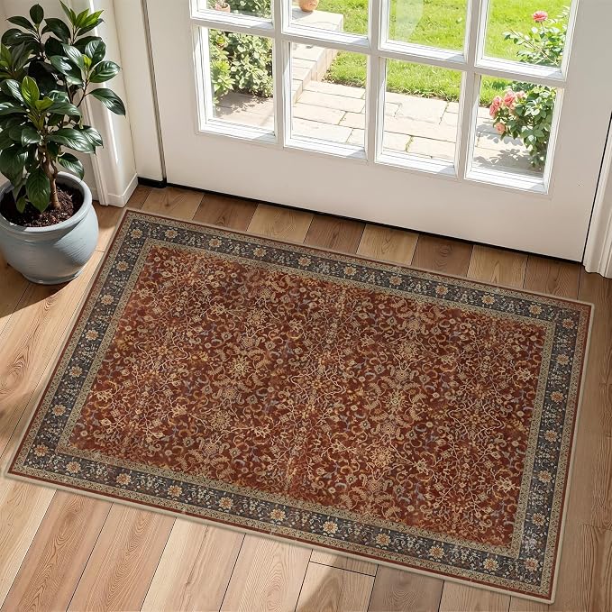 Washable Entryway Rug 2x3, Vintage Print Kitchen Bathroom Rugs Non Slip, Maximalist Small Rug for Bedroom Old Money Aesthetic, Low Pile Ultra Thin Door Mat Indoor Entrance, Deep Burnt Orange