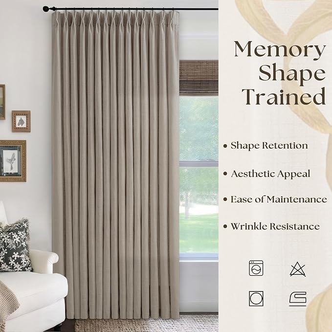 Taupe Patio Sliding Door Curtains 100 Width 102 Inches Long Pinch Pleated Curtain with Hooks Rings Light Filtering Semi Sheer Extra Wide 100x102 Drape Living Dining Room Burlywood Birch 1 Panel
