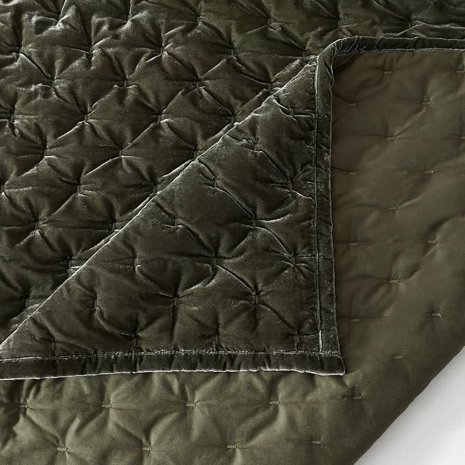 HiEnd Accent Stella Faux Silk Velvet Double Box Stitch 3 Piece Quilt Set, Full Queen Size, Fern Green Solid Color, Classic Chic Modern Rustic Elegant Bedding Set, Lightweight Bed Set